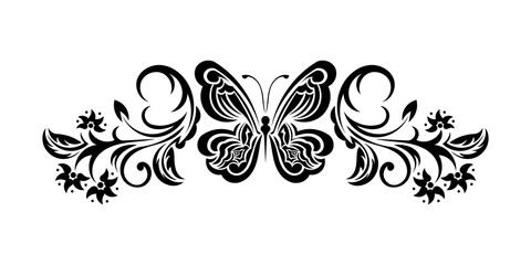 Decorative floral ornament with butterfly, element for design. Good for tattoos, prints, and postcards. Vector illustration