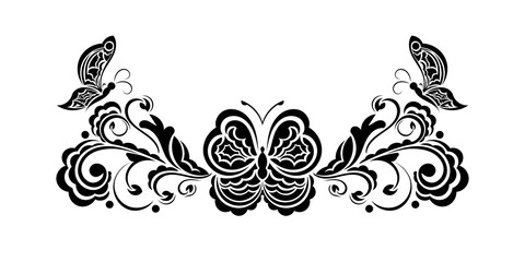 Decorative floral ornament with butterfly, element for design. Good for logos, prints and postcards. Vector