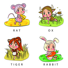 Obraz na płótnie Canvas Set chinese zodiac or shio sign: Rat, Ox, Tiger, Rabbit cartoon vector illustration , Lunar New Year