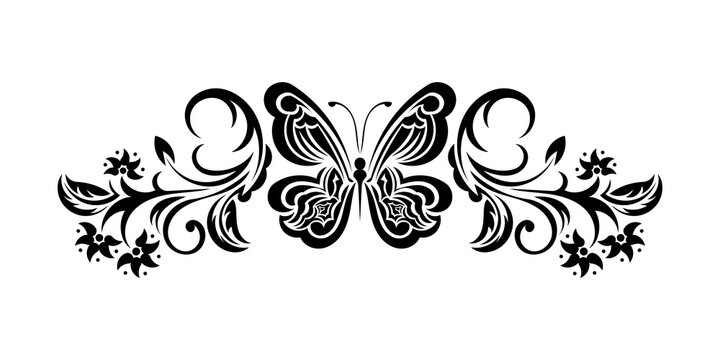 Decorative floral ornament with butterfly, element for design. Good for tattoos, prints, and postcards. Vector illustration