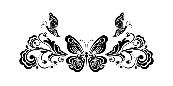 Decorative floral ornament with butterfly, element for design. Good for logos, prints and postcards. Vector illustration