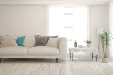 Fototapeta premium White living room with sofa. Scandinavian interior design. 3D illustration