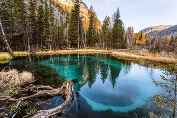 A unique natural phenomenon - turquoise thermal lake in Ulagan district near the village of Aktash in autumn. Altai Republic, Russia