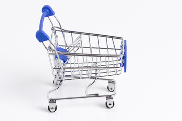 Empty metallic supermarket shopping cart side view isolated. Realistic supermarket basket, retail pushcart vector illustration stock illustration