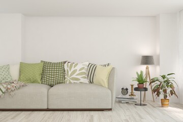White living room with sofa. Scandinavian interior design. 3D illustration