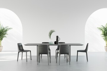 Fine dining table setup for six with minimalist decor with some palm trees in the background, 3D illustration