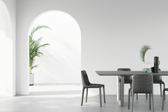 Fine dining table setup for six with minimalist decor and a palm tree in the corner with arched doorways on the left, 3D illustration