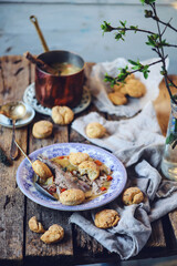 Rabbit stew with black pepper dumpling.style rustic