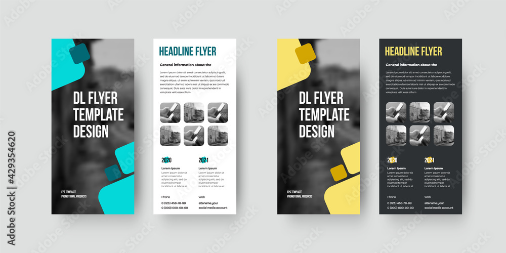 Poster Vector dl flyer template with color design isolated on white and black background. Set