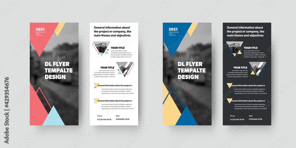 Poster Vector dl flyer template with color design isolated on white and black background. Set
