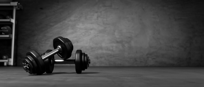 3D rendering, black dumbbells on the floor in dark concept fitness room with training equipments in the back