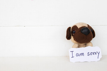 i am sorry message card handwriting with dog toy arrangement flat lay postcard style background...