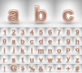 Matte copper alphabet on white background. 3D letters numbers and font symbols with shiny metallic texture.