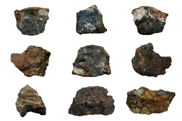 Set of wolframite metallic mineral rocks isolated on white background. iron manganese tungstate mineral that is the intermediate between ferberite and hübnerite.