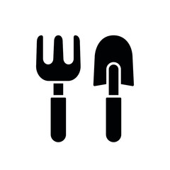 Gardening rake and shovel glyph icon. Garden inventory, equipment. Customizable thin line contour symbols. Isolated vector outline illustrations.