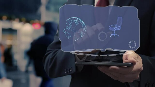 Unrecognizable businessman uses hologram on smartphone with headmaster chair. Man in shirt and jacket with holographic screen on background of entrance to the airport or train station