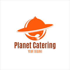 Planet Catering. Cooking pan with spoon and fork with space concept logo design