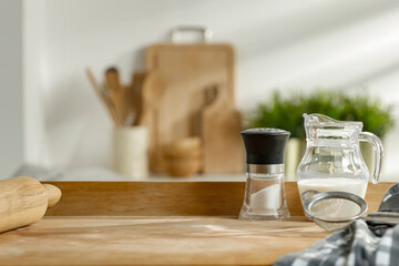 Wooden table in the kitchen in the morning sunshine