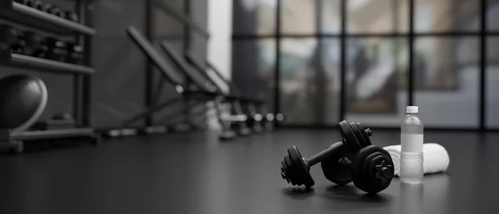 Papier Peint photo autocollant Fitness Rendu 3D, haltères au sol dans une salle de fitness concept avec équipements d& 39 entraînement à l& 39 arrière