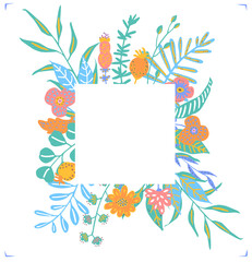 colorful floral twigs branches flowers frame arrangement, isolated vector illustration