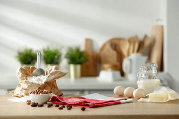Wooden table in the kitchen in the morning sunshine