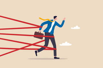 Business difficulty or struggle with career obstacle, limitation and trap or challenge to overcome to success concept, businessman tied up with red tape trying to run away with full effort.
