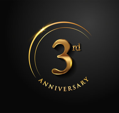 3rd Anniversary Celebration. Anniversary logo with ring and elegance golden color isolated on black background, vector design for celebration, invitation card, and greeting card.
