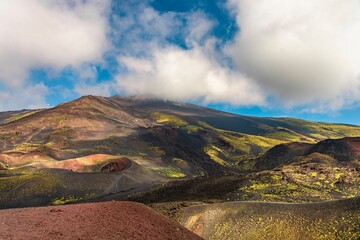 Panoramic view of Mt. Etna - the highest active volcano in Europe. Dramatic sky 