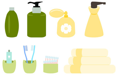 Set of bathroom accessoires yellow and green plastic transparent background