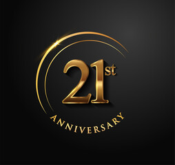 21st Anniversary Celebration. Anniversary logo with ring and elegance golden color isolated on black background, vector design for celebration, invitation card, and greeting card.