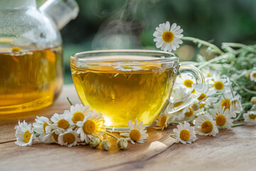 Herbal chamomile tea and chamomile flowers near teapot and tea glass on wooden table. Countryside background.