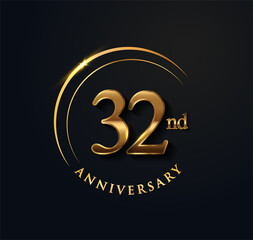 32nd Anniversary Celebration. Anniversary logo with ring and elegance golden color isolated on black background, vector design for celebration, invitation card, and greeting card.