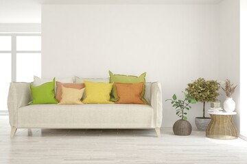 Fototapeta premium White living room with sofa. Scandinavian interior design. 3D illustration