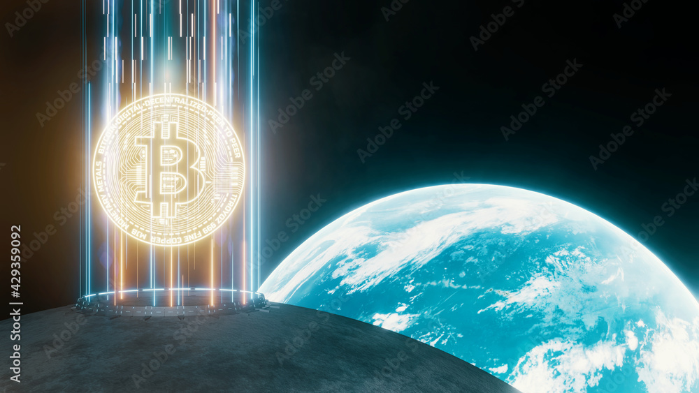 Poster 3d rendering of bitcoin btc on moon surface with glowing earth background. concept for crypto curren