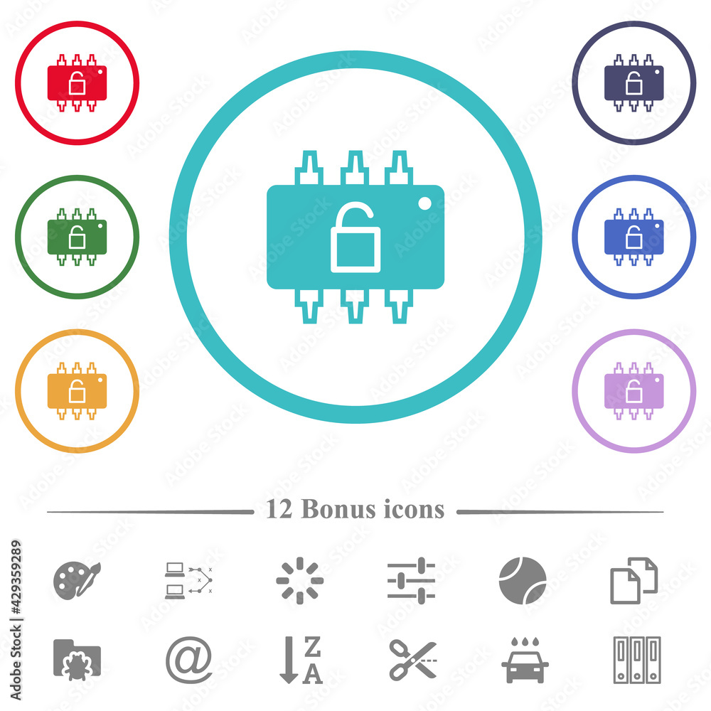Poster hardware unlocked flat color icons in circle shape outlines