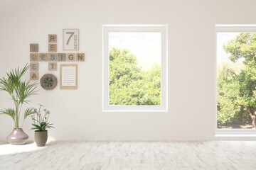 White empty room with summer landscape in window. Scandinavian interior design. 3D illustration