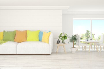 White living room with sofa. Scandinavian interior design. 3D illustration