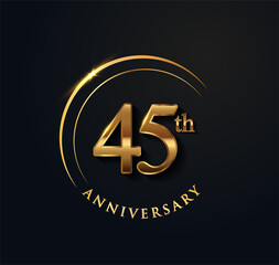 45th Anniversary Celebration. Anniversary logo with ring and elegance golden color isolated on black background, vector design for celebration, invitation card, and greeting card.