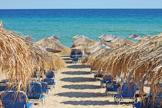 Popular greece beach - Ammolofoi. View of the beach on the Aegean coast. Nea Peramos, Kavala, Northen Greece.
