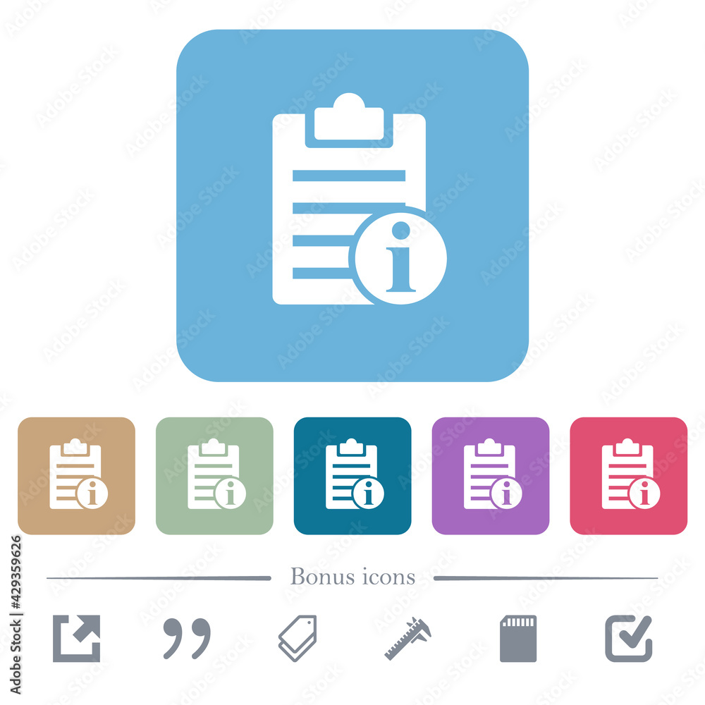 Poster note info flat icons on color rounded square backgrounds