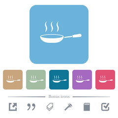 Steaming frying pan flat icons on color rounded square backgrounds
