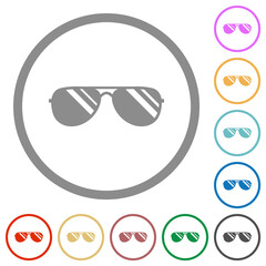 Aviator sunglasses with glosses flat icons with outlines