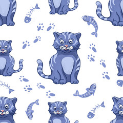 Cat cute cartoon childish illustration hand drawn. Patern seamless print textile background wallpaper paper pets. Cat food bowl, food cat fish skeleton footprints. Separately on a white background set