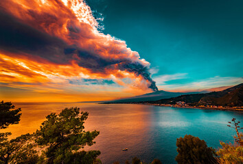 Incredible scenery from the last big eruption of Mount Etna. Fire sky, Fire shades in the sea  - obrazy, fototapety, plakaty