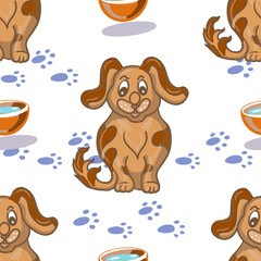 dog cute cartoon childrens hand drawn illustration. Patern seamless print textile background wallpaper paper pets. dog food bowl, food  footprints. Separately on a white backgroun
