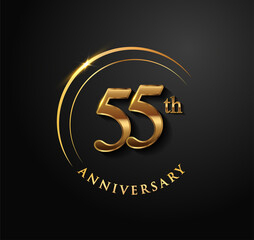 55th Anniversary Celebration. Anniversary logo with ring and elegance golden color isolated on black background, vector design for celebration, invitation card, and greeting card.