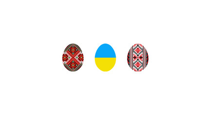 Easter eggs with a traditional Ukrainian embroidery pattern and a yellow-blue flag. On white background.