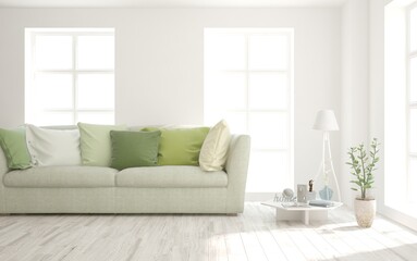 Soft color living room with sofa. Scandinavian interior design. 3D illustration
