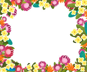 cartoon scene floral frame colorful flowers illustration
