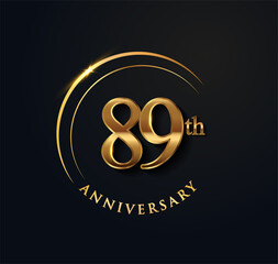 89th Anniversary Celebration. Anniversary logo with ring and elegance golden color isolated on black background, vector design for celebration, invitation card, and greeting card.